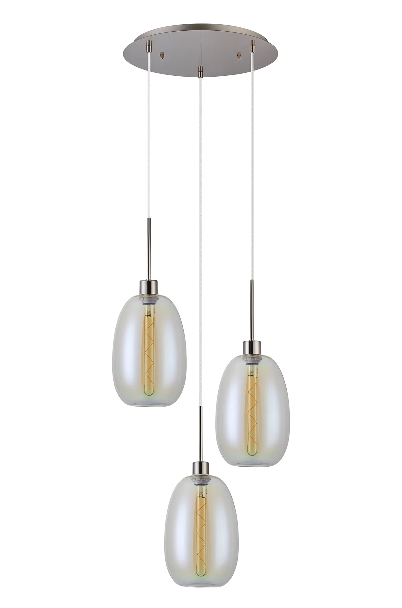 Lori 40cm Round Pendant, 3 Light Adjustable E27, Satin Nickel/Iridescent Slim Curved Trapezium Shades DK1362  Deco Lori Satin Nickel